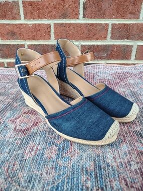 Tommy Hilfiger Navy Denim Espadrille Wedges with Tan Ankle Strap